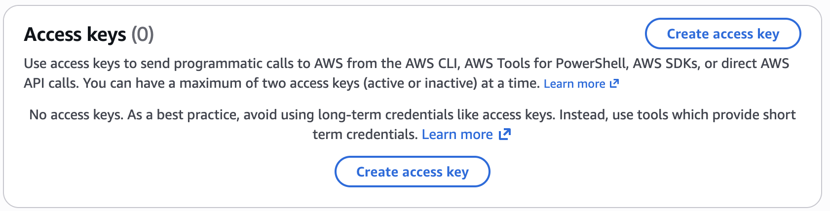 Access keys screen for the IAM user