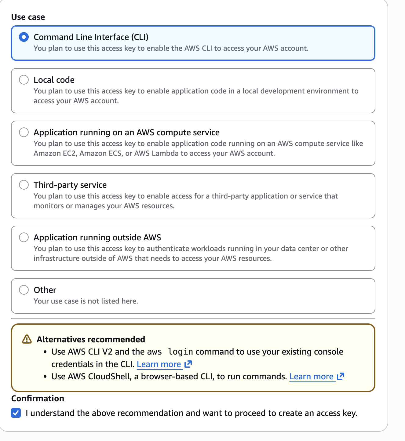 Create access key use case selection for CLI