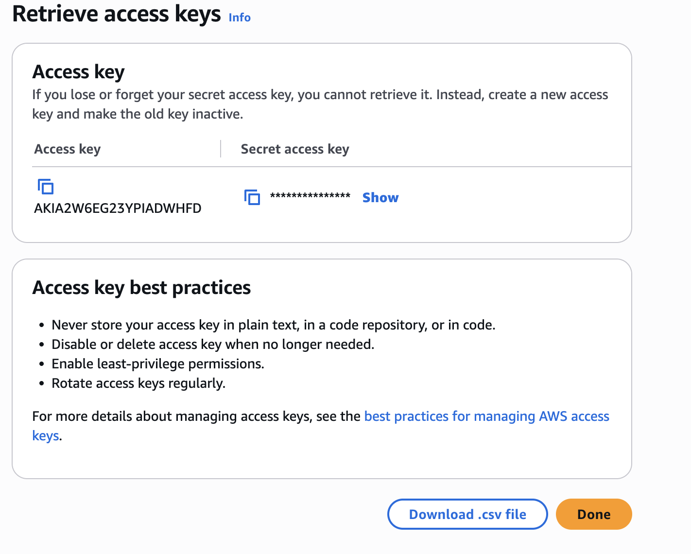 Retrieve access keys screen