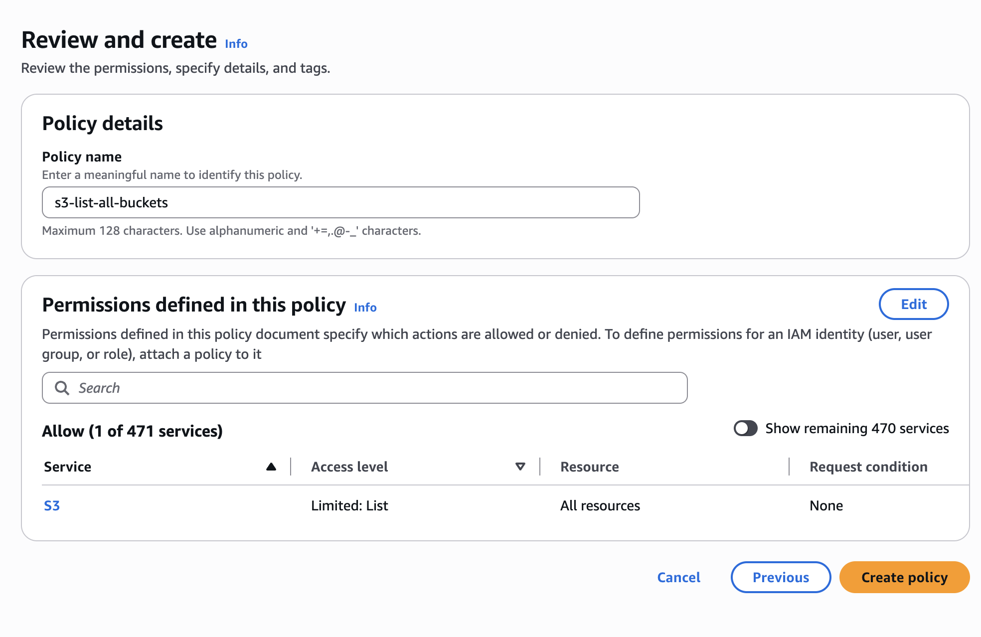 IAM policy review screen for the list all buckets policy