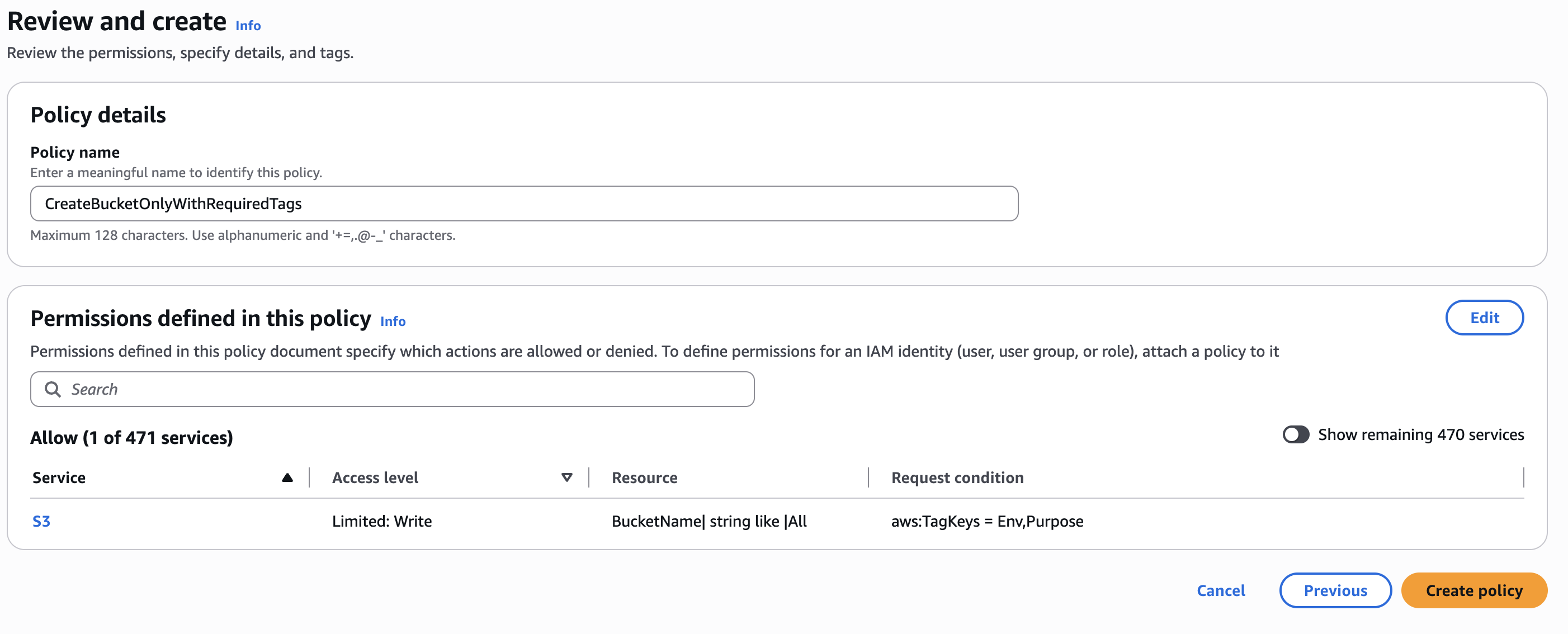 IAM policy review screen for the create bucket policy with required tags