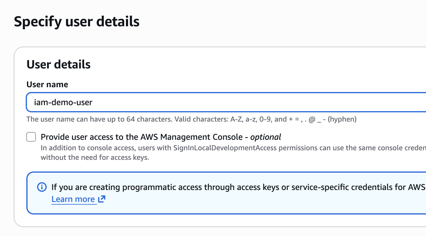 IAM user creation screen with iam-demo-user entered