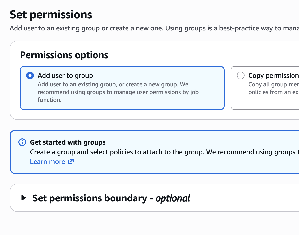 IAM set permissions screen for the new user