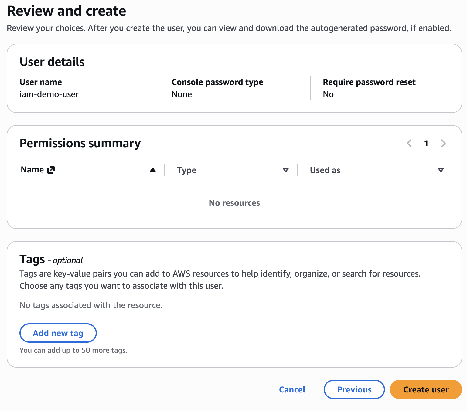 IAM review and create user screen