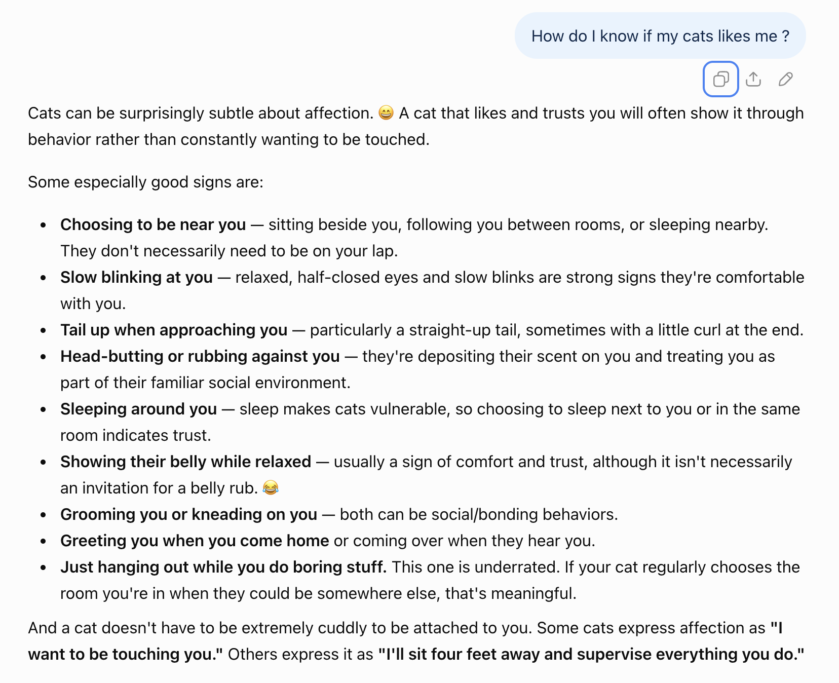 ChatGPT answering the question: How do I know if my cats like me?