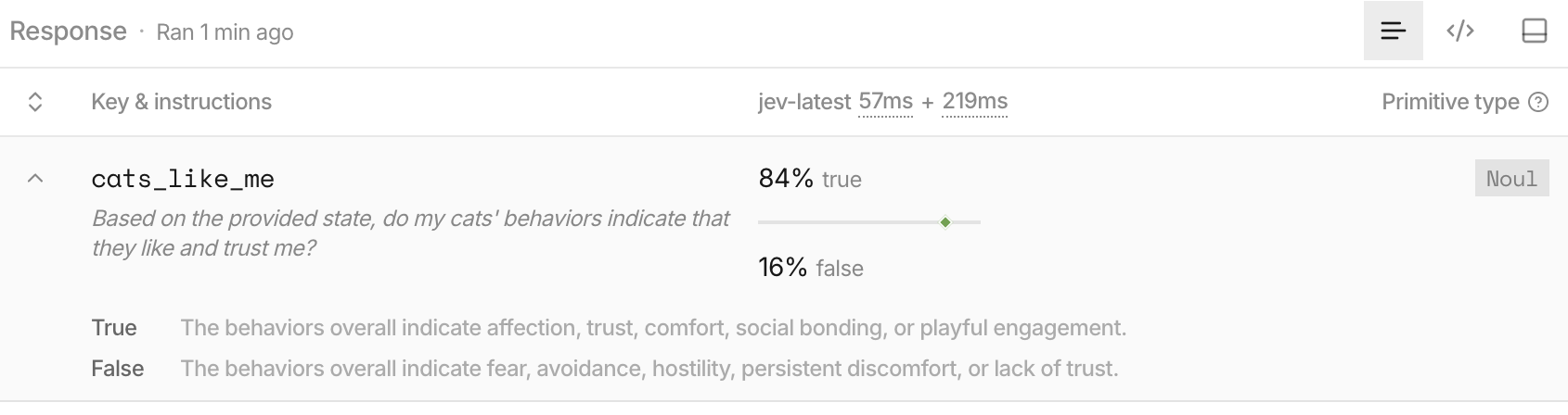 Jev response showing an 84 percent true and 16 percent false result for whether my cats like me