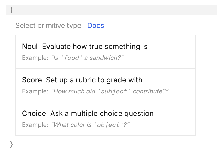 Jev primitive type selector showing Noul, Score, and Choice